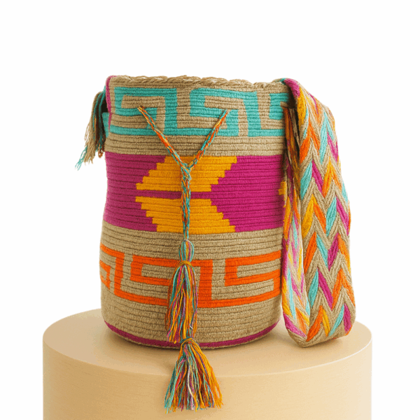 Mochila Wayuu -- Café/rosa/naranja